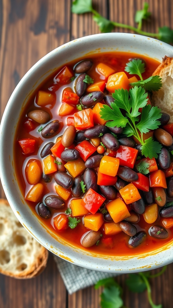 A bowl of vegan chili with beans, tomatoes, and vegetables, garnished with cilantro, alongside a slice of bread on a rustic table.